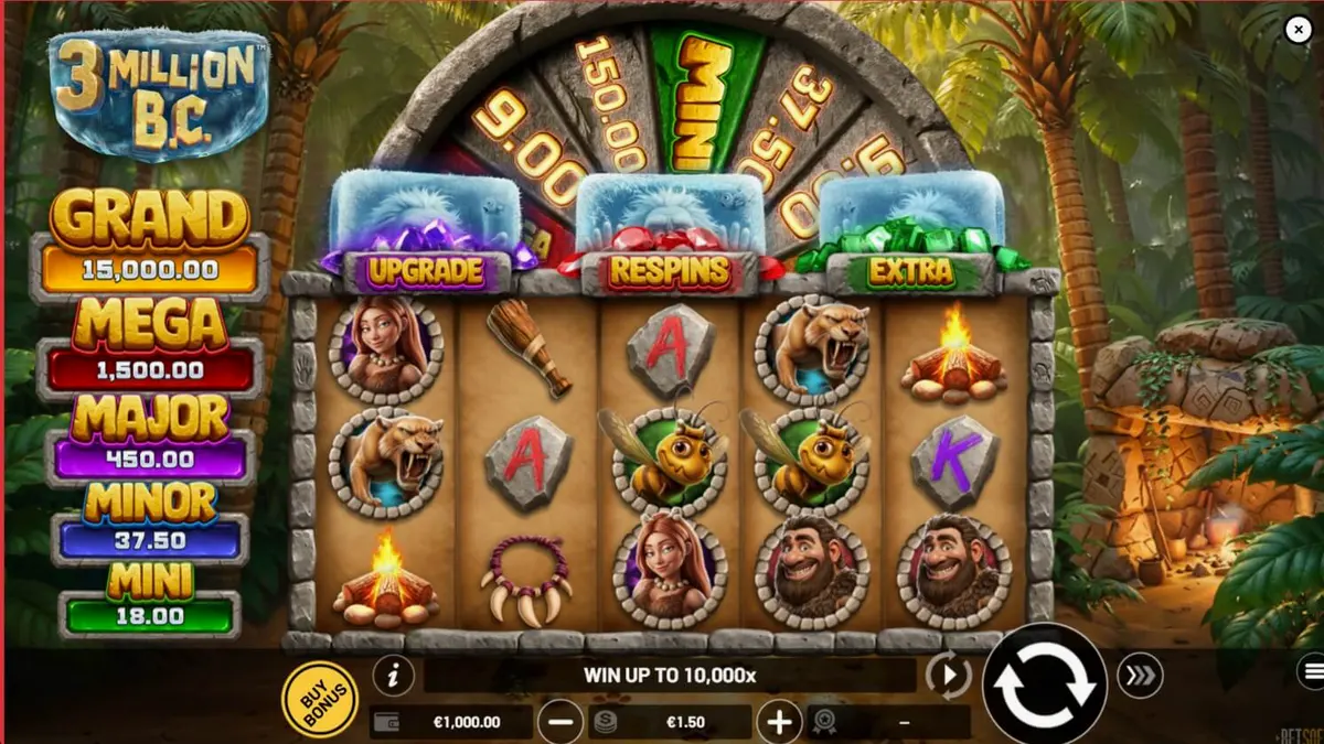 Cenário pré-histórico do slot 3 Million B.C. com elementos de pedra e selva