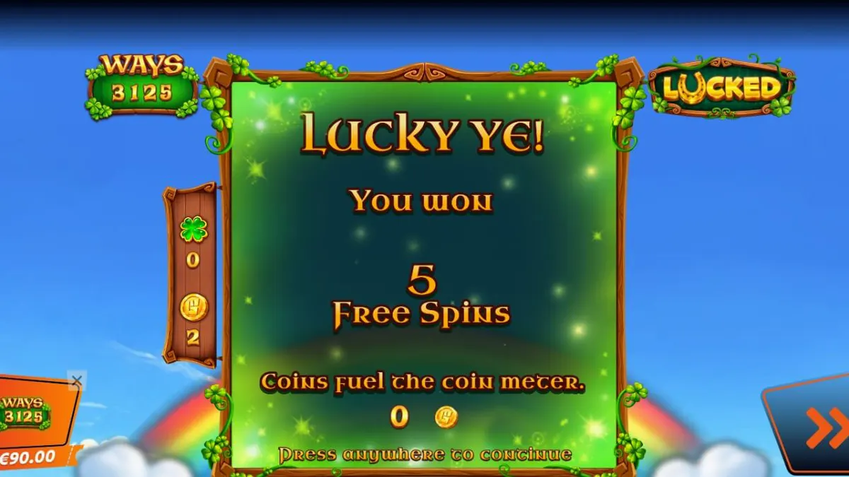 Cenário vibrante de um vale irlandês com elementos de sorte como trevos e ferraduras no slot Lucked